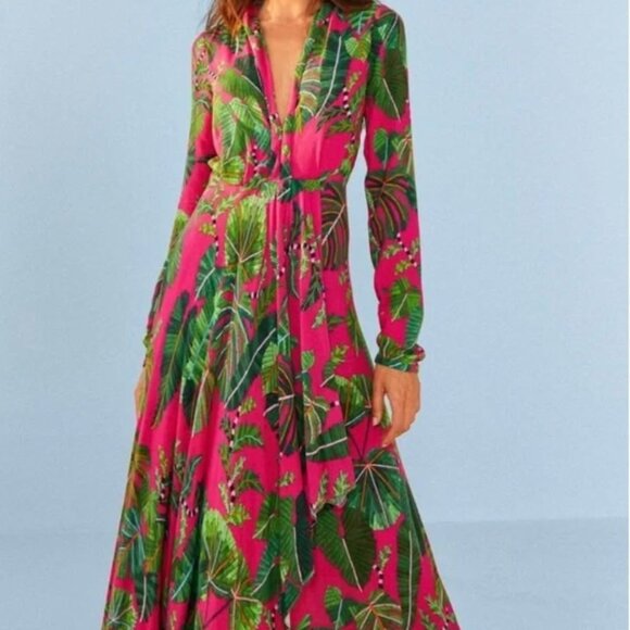 BRAND NEW! $260 FARM RIO Red Dream Garden Long Sleeve MAXI DRESS Size M - Picture 2 of 6